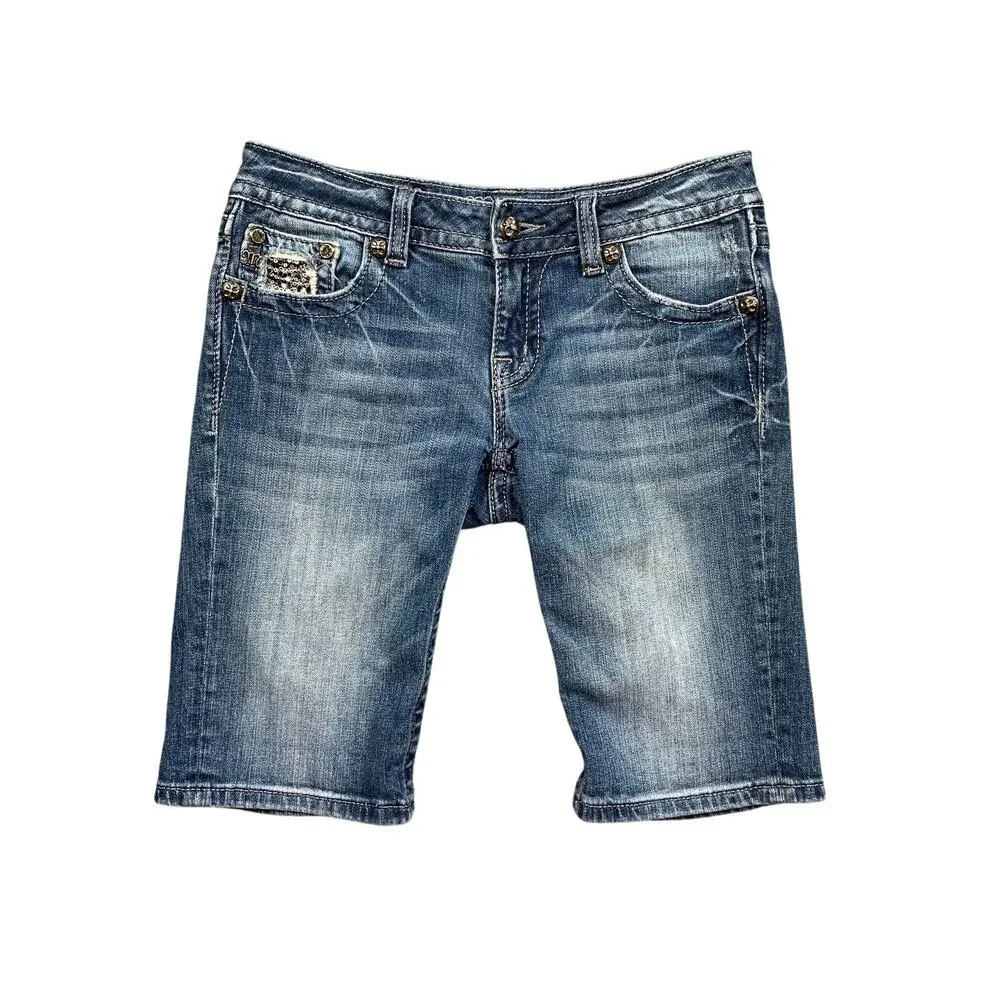 Miss Me Shorts Womens 28 Denim Bermuda Whiskered Sequins Low Rise Flap Pocket
